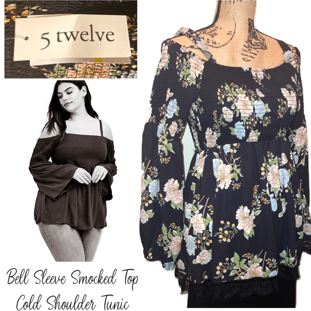 Vintage Smocked Cold Shoulder Flare Sleeve Tunic